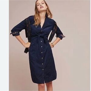 Anthropologie Maeve Winchester Navy Blue Corduroy Tie-front Shirt Dress Sz 2